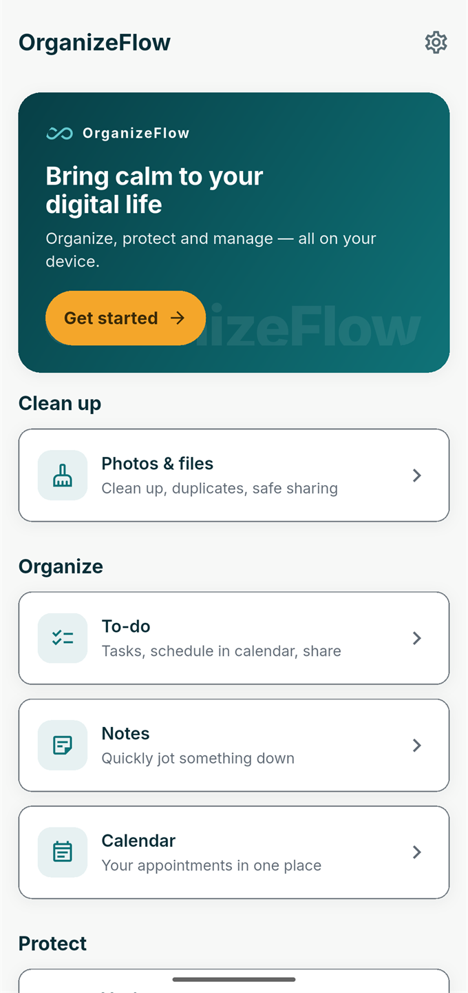 L'accueil OrganizeFlow tel qu'il apparaît sur Android : une carte de marque sereine avec « Commencer », au-dessus des groupes Nettoyer et Organiser.