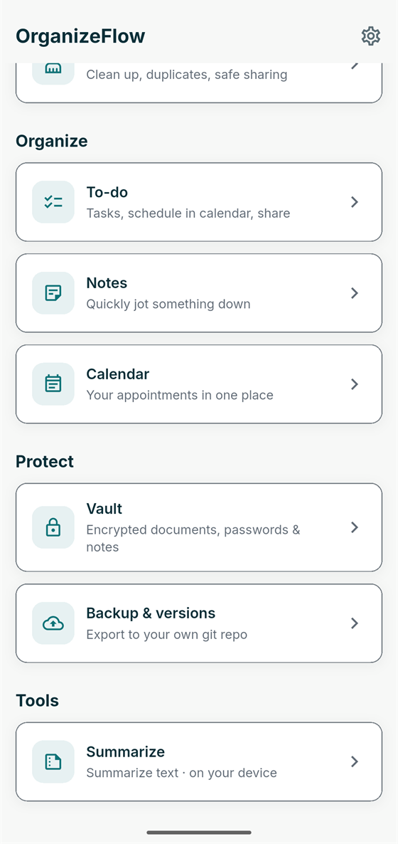 L'accueil défilé vers Organiser, Protéger et Outils : à faire, notes, calendrier, coffre-fort, sauvegarde et versions, et résumer.